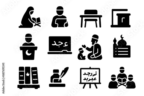 Islamic Education Symbols. Solid style icons of mosque education and learning: Quran memorization session, student with tablet,