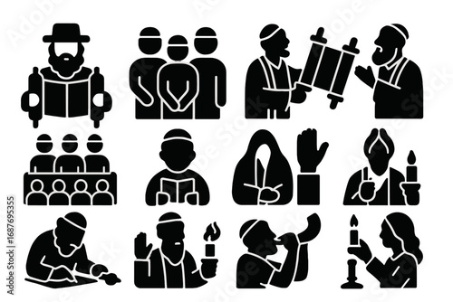 Synagogue Worship Icons. Solid style icons of synagogue worship and prayer: rabbi reading Torah, congregants standing in prayer,