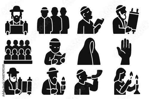 Synagogue Worship Icons. Solid style icons of synagogue worship and prayer: rabbi reading Torah, congregants standing in prayer,
