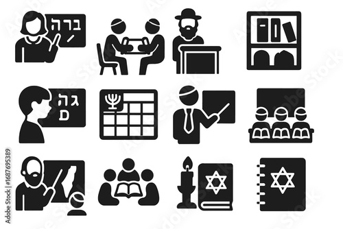 Jewish Learning Icons. Solid style icons of synagogue education and study: Hebrew class, Torah study partner, rabbi giving lecture