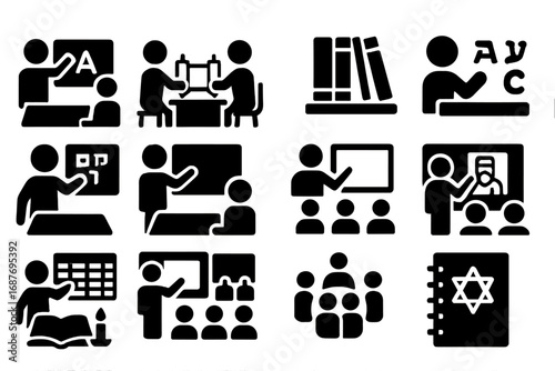 Jewish Learning Icons. Solid style icons of synagogue education and study: Hebrew class, Torah study partner, rabbi giving lecture