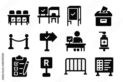 Polling Station Icons. Solid style icons of polling stations and setups: school voting room, community center setup, folding booth