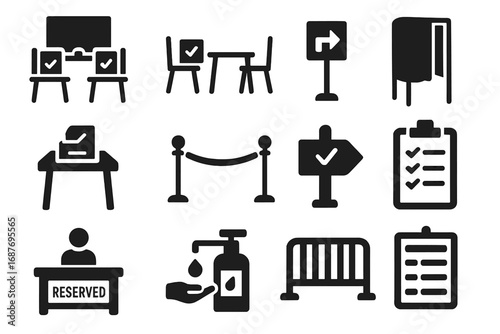 Polling Station Icons. Solid style icons of polling stations and setups: school voting room, community center setup, folding booth