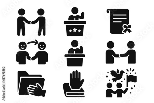 Peaceful Power Transition Icons. Solid style icons of peaceful transitions of power: outgoing leader handshake, new president