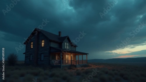 CGI Abandoned house in a deserted landscape under a stormy sky at dusk