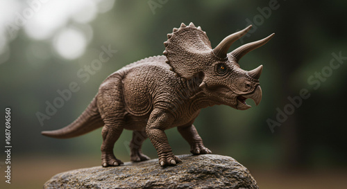 Realistic Triceratops Dinosaur Toy Standing on a Rock Amidst a Softly Blurred Natural Background
