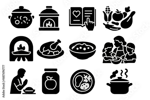 Traditional Cooking Icons. Solid style icons of food and cooking traditions: clay pot meal, woodfire stove, passed-down recipe,