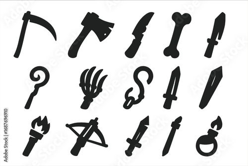 Halloween Weapons Icons. Solid style icons of Halloween weapons and tools: scythe, rusty axe, broken knife, bone club, witch’s