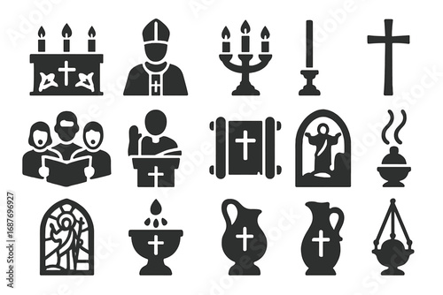 Easter Church Elements. Solid style icons of Easter in church: altar with lilies, clergy in white, candle stand, procession cross,