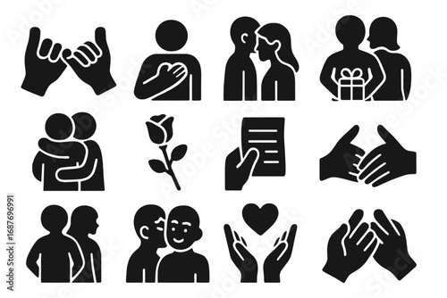 Symbolic Love Icons. Solid style icons of symbolic love gestures: holding pinky fingers, hand on heart, forehead kiss, gift behind