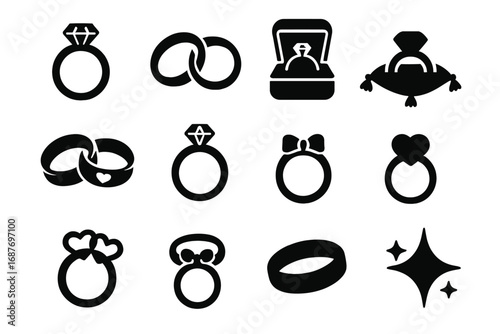 Wedding Rings Icons. Solid style icons of wedding rings and jewelry: diamond ring, wedding bands, ring box, engraved rings,