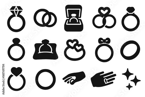 Wedding Rings Icons. Solid style icons of wedding rings and jewelry: diamond ring, wedding bands, ring box, engraved rings,