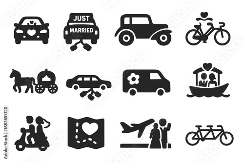 Wedding Transport Icons. Solid style icons of wedding transportation: decorated car, just married sign, vintage car, wedding