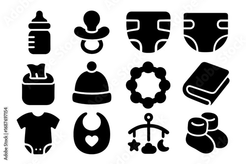 Newborn Essentials Icons. Solid style icons of newborn essentials: baby bottle, pacifier, rattle toy, diaper, baby wipes, baby hat