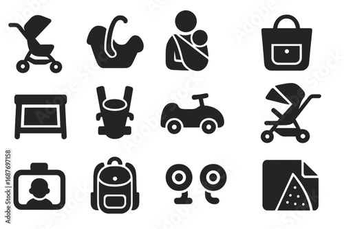 Baby Gear Icons. Solid style icons of baby transportation: baby stroller, infant car seat, baby wrap, diaper bag, portable crib,