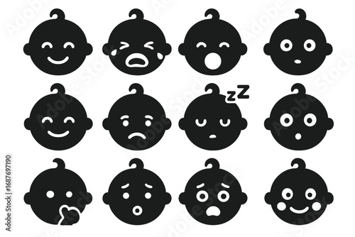 Baby Emotion Icons. Solid style icons of baby emotions: smiling baby, crying face, yawning baby, curious eyes, giggling mouth,