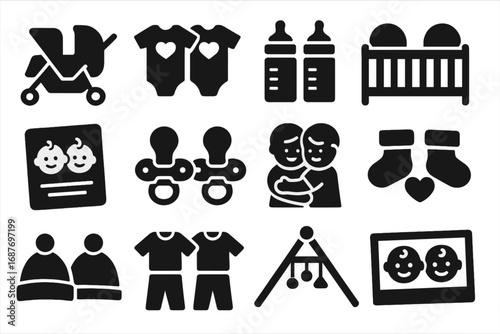Twin Essentials Icons. Solid style icons of twins and multiples: double stroller, matching onesies, two bottles, twin crib, twin