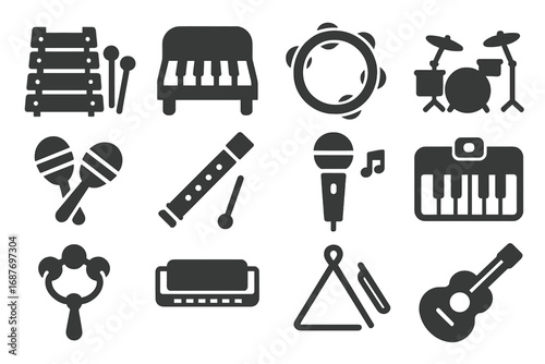 Musical Toy Icons Collection. Solid style icons of musical toys: xylophone, toy piano, tambourine, drum set, maracas, recorder