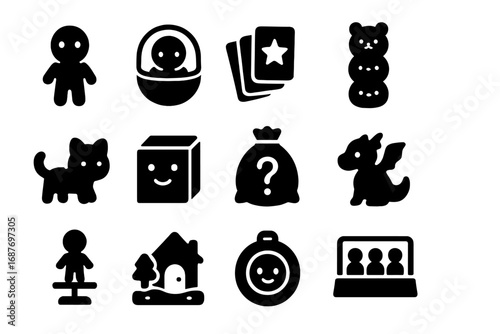 Collectible Toy Icons. Solid style icons of collectible toys: mini figures, capsule toy, toy cards, stacking characters, animal
