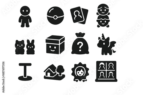 Collectible Toy Icons. Solid style icons of collectible toys: mini figures, capsule toy, toy cards, stacking characters, animal