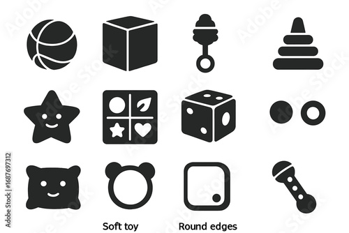 Safe Soft Toys Icons. Solid style icons of safe and soft toys: plush ball, fabric block, safety rattle, soft ring stacker, pillow