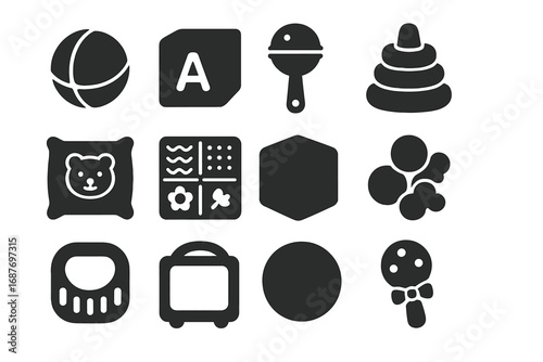 Safe Soft Toys Icons. Solid style icons of safe and soft toys: plush ball, fabric block, safety rattle, soft ring stacker, pillow