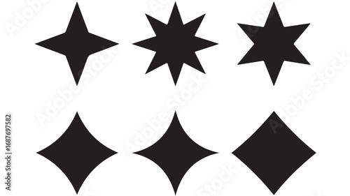 Six Black Star and Diamond Shape Icons, Geometric Vector Illustration