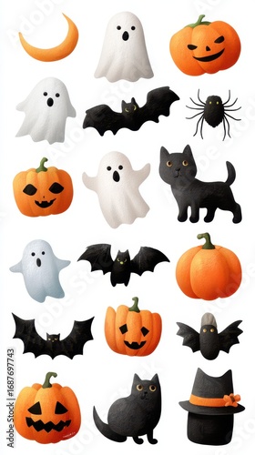 Fun Halloween decorations featuring pumpkins, ghosts, bats, and a black cat in a playful style