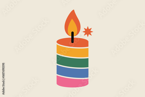A colorful striped candle with a flame and a star on a light background in a simple flat design style