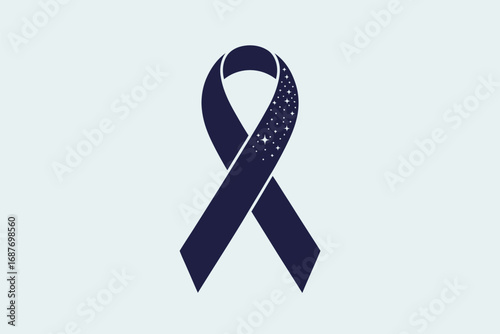 A navy blue ribbon with small white stars on the upper loop against a light gray background image