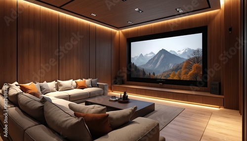 Luxurious home cinema room featuring large sectional sofa, big screen TV displaying mountain landscape. Wood paneling on walls, ceiling, integrated lighting create modern, cosy, stylish entertainment