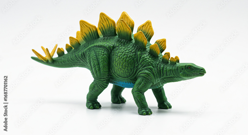 Fototapeta premium A detailed green plastic toy stegosaurus dinosaur with distinctive bony plates along its back and tail on a white background