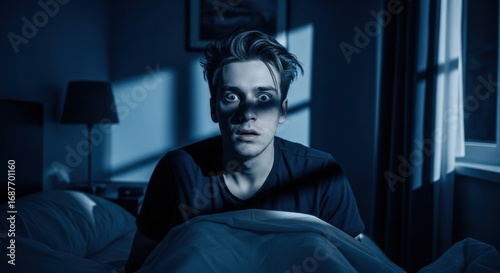 A young caucasian man with wide eyes looks terrified in bed, experiencing a nightmare or sleep paralysis in a bedroom at night.