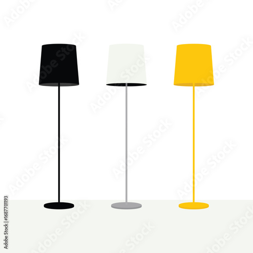 Three modern floor lamps in black white and yellow on a white background