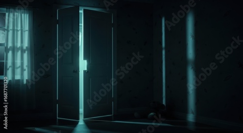 Scary dark bedroom at night with a closet door ajar and mysterious bright light, horror and fear concept.