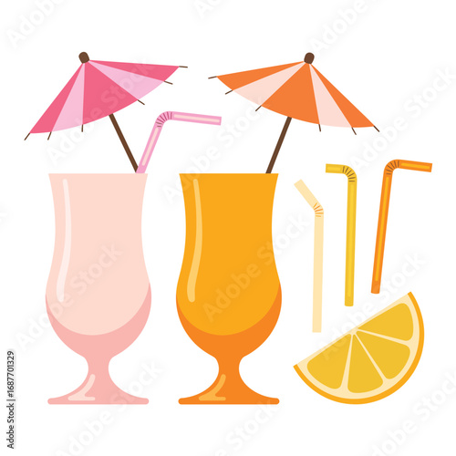 Tropical cocktails with umbrellas and lemon slice illustration
