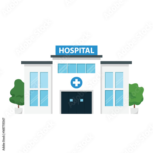 Modern hospital building with trees and medical symbol