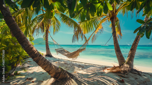 a tropical beach with palm trees, turquoise sea, hammock in the shade, cinematic paradise travel photo, bright and vibrant, 16:9