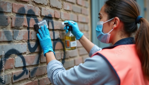 Worker in protective mask, gloves scrubs graffiti from brick wall using cleaning spray, sponge. Professional cleaning service restores building facade. Hygiene, sanitization for outdoor surfaces.