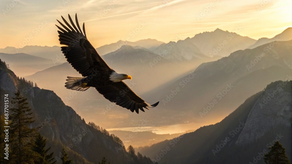 Naklejka premium Eagle soaring over a mountain valley at sunrise, dramatic lighting casting shadows on its wings, sharp focus on its golden beak and eyes