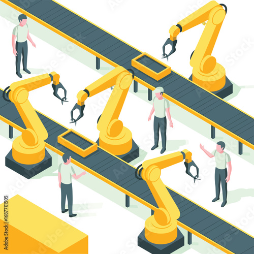 Automated factory assembly line with robotic arms and workers