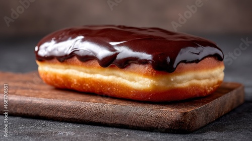 Chocolate glazed long john donut on wooden board