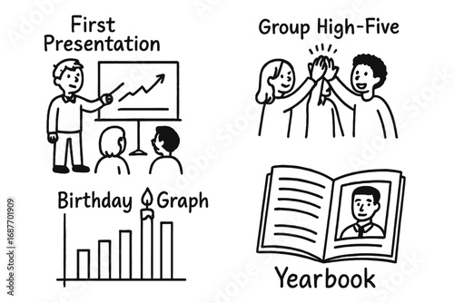 Milestone Moments Doodle. Class milestone moments doodle set: hand drawn icons for first presentation, group high-five, birthday