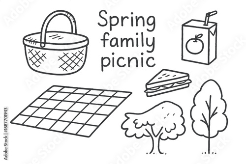 Spring Picnic Icons. Spring family picnic doodle set: hand drawn icons for picnic basket, checkered blanket, sandwiches, juice box