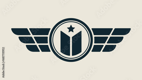 A graphic emblem featuring wings and a central circle with a star and geometric shape inside it