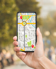 Woman Using Online Maps On Mobile Phone For Navigation In City, Walking With Smartphone With Opened Gps App On Screen, Tracking Her Location And Planning Routes, Creative Collage, Closeup
