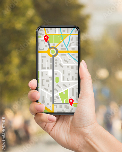 Obraz na płótnie Woman Using Online Maps On Mobile Phone For Navigation In City, Walking With Sma