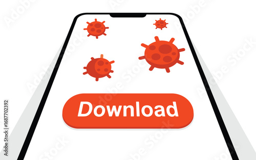 Smartphone screen displays virus icons and a download button