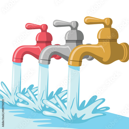 Three colorful water taps with flowing water and splashes