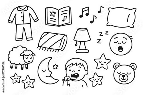 Bedtime Doodle Icons. Children’s bedtime doodle icon set: hand drawn icons of pajamas, bedtime book, lullaby, soft pillow, cozy
